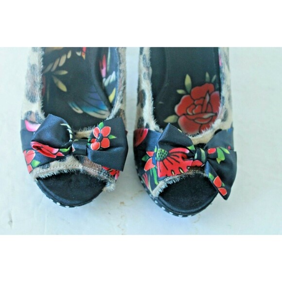 Iron Fist Heels Leopard Hair Flower Pinup Peep Toe Shoes Womens Size 7 - Picture 6 of 9